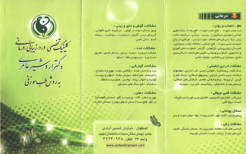 بروشور کلینیک تخصصی دکتر اردشیر عامری به روش طب سوزنی